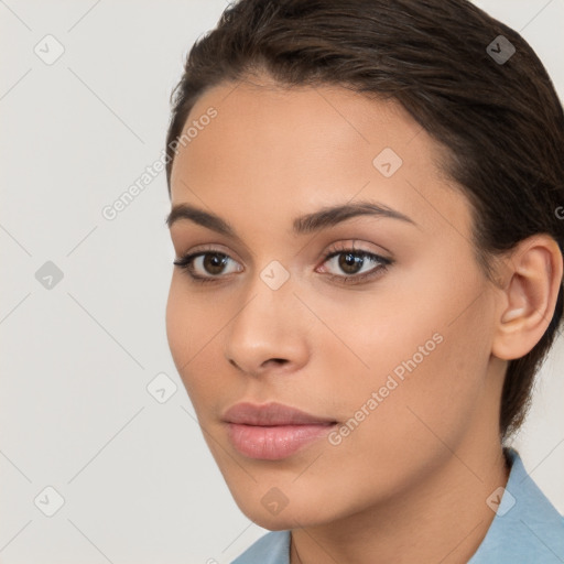 Neutral white young-adult female with short  brown hair and brown eyes