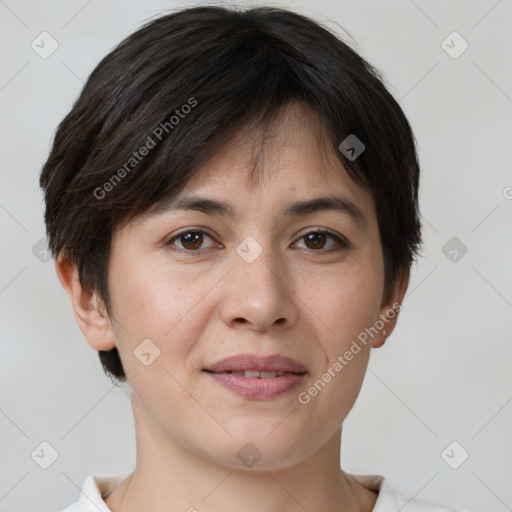 Joyful white young-adult female with short  brown hair and brown eyes