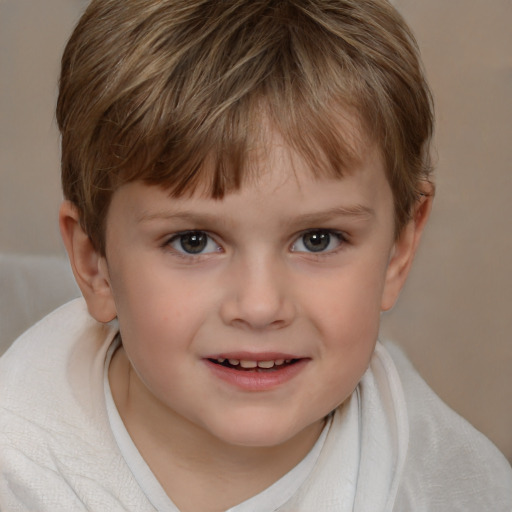 Joyful white child female with short  brown hair and brown eyes