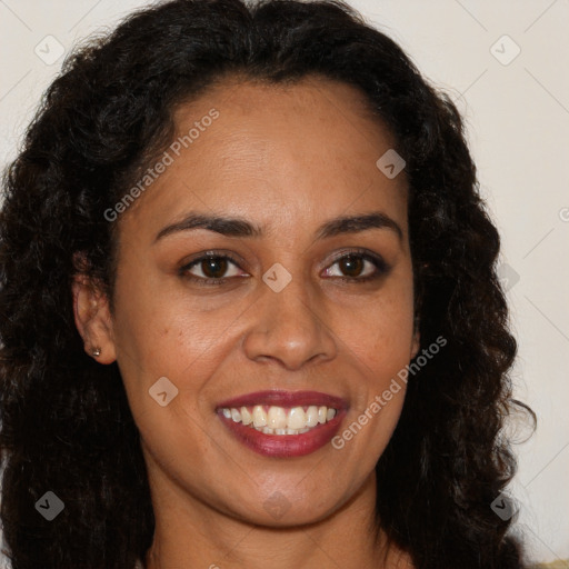 Joyful latino young-adult female with long  brown hair and brown eyes