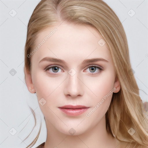 Neutral white young-adult female with long  brown hair and grey eyes