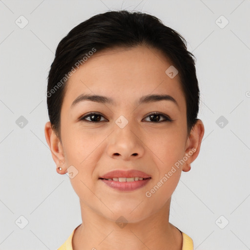 Joyful asian young-adult female with short  brown hair and brown eyes