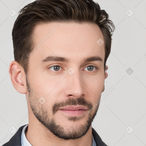 Neutral white young-adult male with short  brown hair and brown eyes