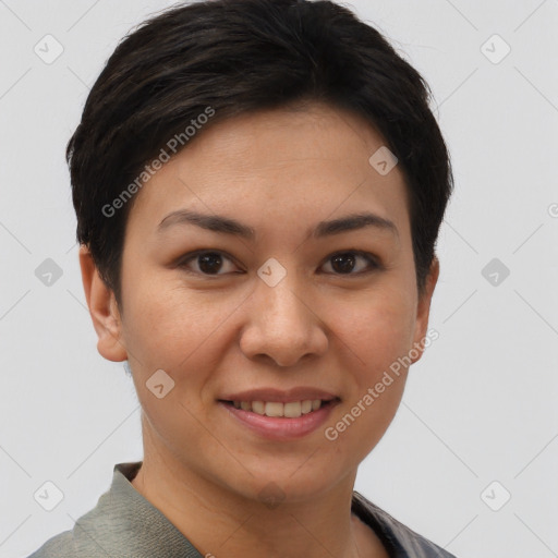 Joyful asian young-adult female with short  brown hair and brown eyes