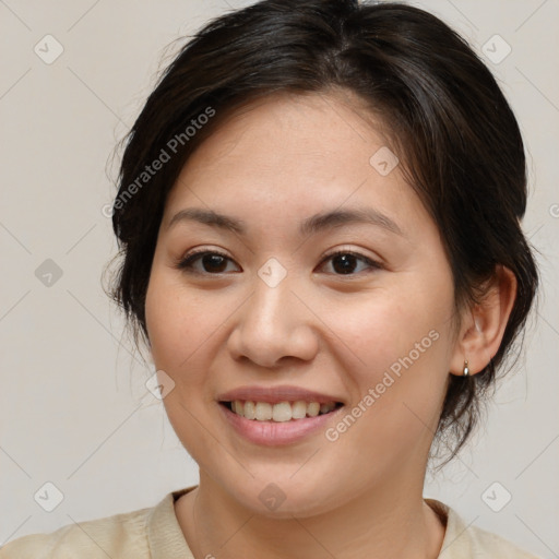 Joyful white young-adult female with medium  brown hair and brown eyes