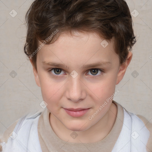 Joyful white child female with short  brown hair and brown eyes