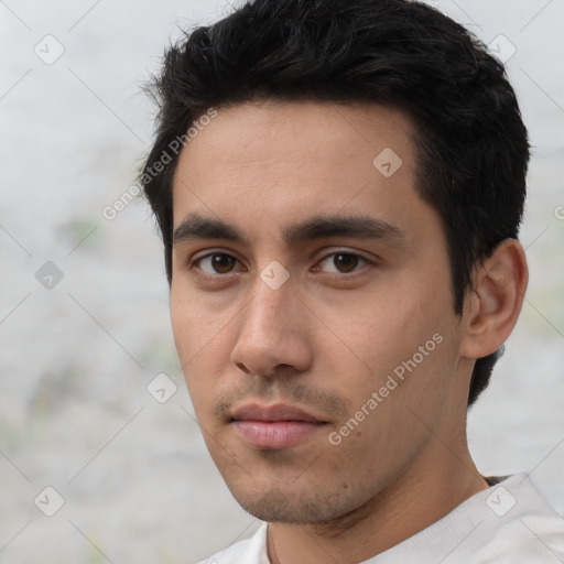 Neutral white young-adult male with short  black hair and brown eyes