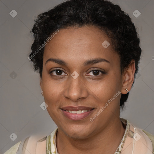 Joyful latino young-adult female with short  brown hair and brown eyes