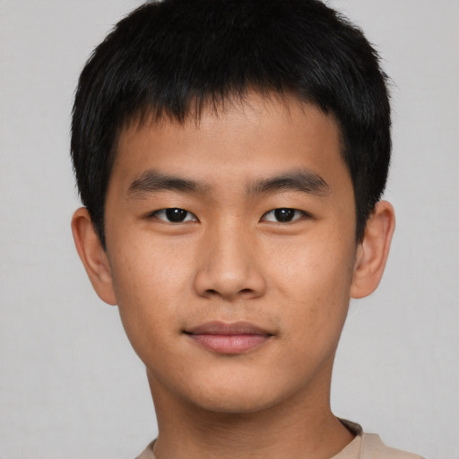 Neutral asian young-adult male with short  brown hair and brown eyes