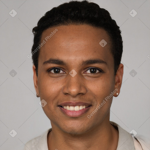 Joyful black young-adult male with short  black hair and brown eyes