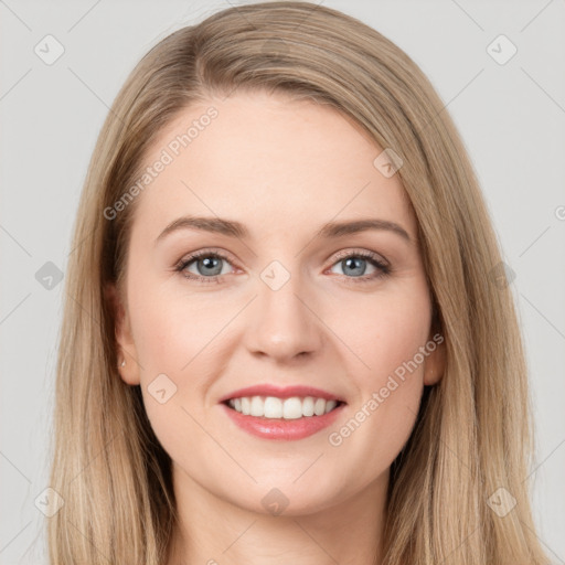 Joyful white young-adult female with long  brown hair and grey eyes