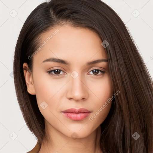 Neutral white young-adult female with long  brown hair and brown eyes