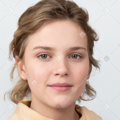 Neutral white young-adult female with medium  brown hair and grey eyes