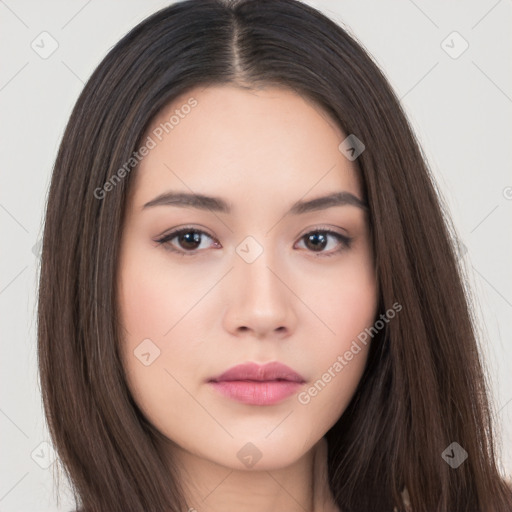 Neutral white young-adult female with long  brown hair and brown eyes