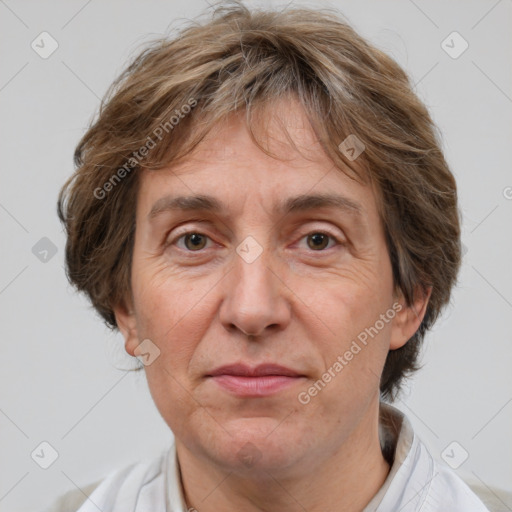 Joyful white adult female with short  brown hair and brown eyes