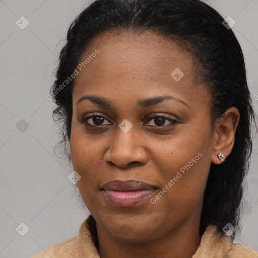 Joyful black young-adult female with medium  brown hair and brown eyes