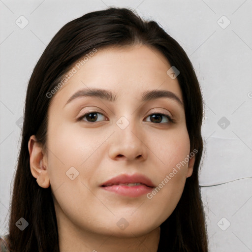 Neutral white young-adult female with long  brown hair and brown eyes