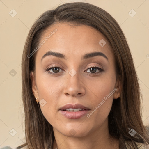 Joyful white young-adult female with long  brown hair and brown eyes