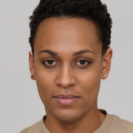 Neutral black young-adult female with short  brown hair and brown eyes