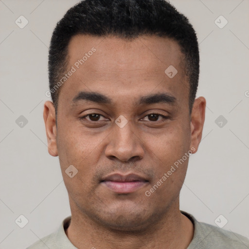 Neutral latino young-adult male with short  black hair and brown eyes