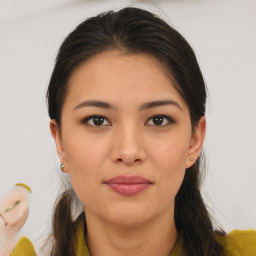 Joyful white young-adult female with medium  brown hair and brown eyes