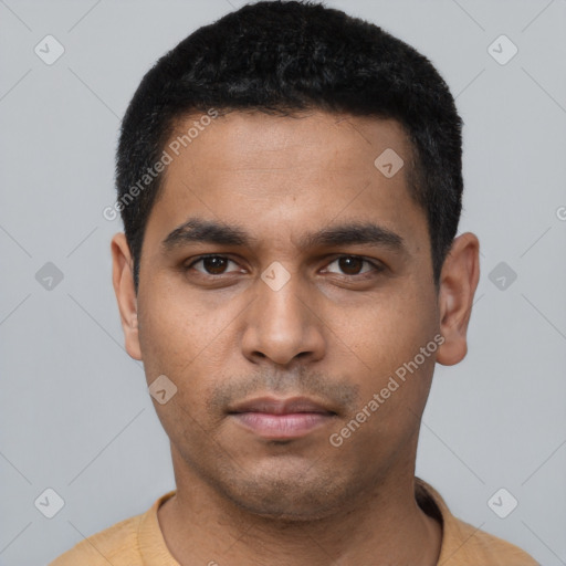 Neutral latino young-adult male with short  black hair and brown eyes