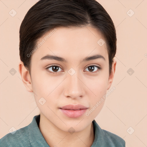 Neutral white young-adult female with medium  brown hair and brown eyes