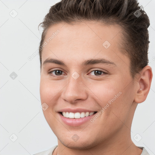 Joyful white young-adult female with short  brown hair and brown eyes