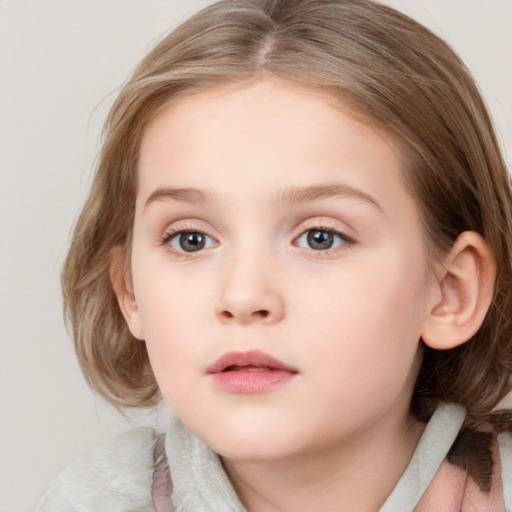 Neutral white child female with medium  brown hair and blue eyes