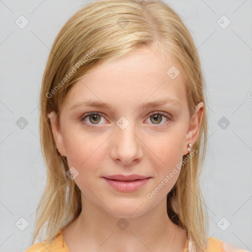 Joyful white young-adult female with medium  brown hair and blue eyes