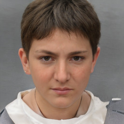 Neutral white young-adult female with short  brown hair and brown eyes