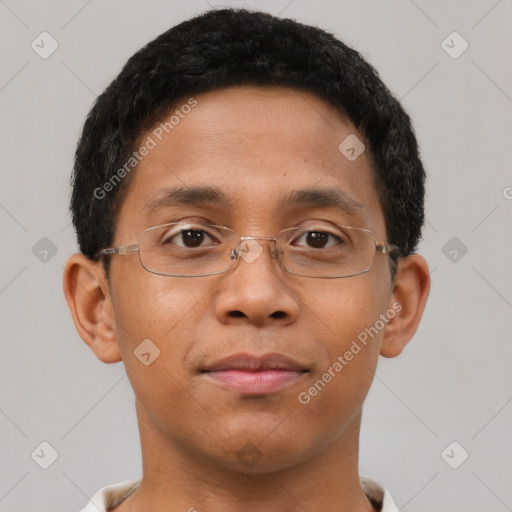 Neutral latino young-adult male with short  brown hair and brown eyes
