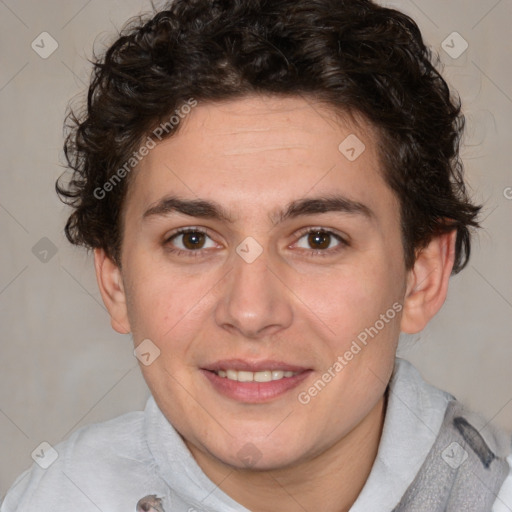 Joyful white young-adult male with medium  brown hair and brown eyes