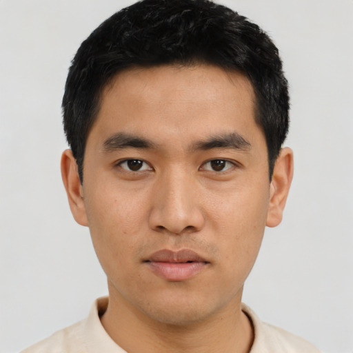 Neutral asian young-adult male with short  black hair and brown eyes