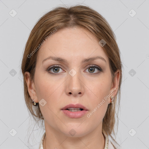 Joyful white young-adult female with medium  brown hair and grey eyes