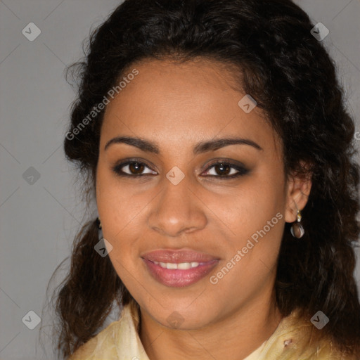 Joyful black young-adult female with medium  brown hair and brown eyes