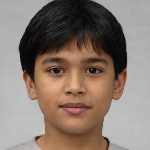Joyful asian child male with short  brown hair and brown eyes
