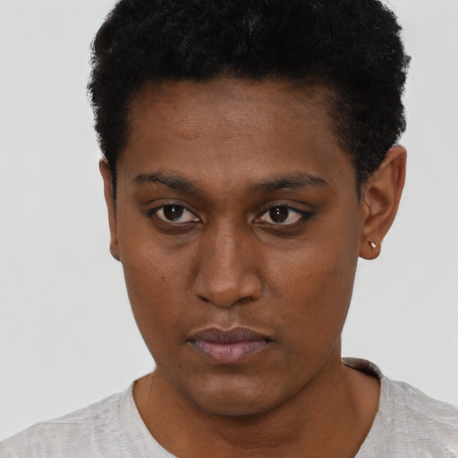 Neutral black young-adult male with short  black hair and brown eyes