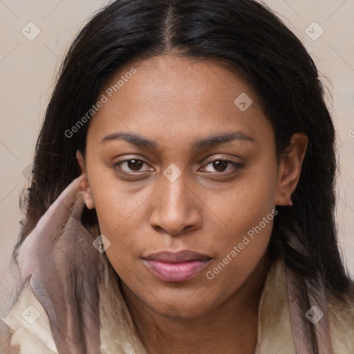 Joyful latino young-adult female with long  brown hair and brown eyes