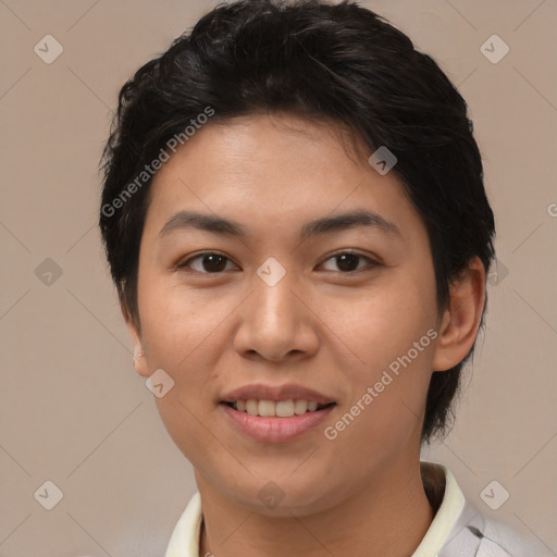 Joyful asian young-adult female with short  brown hair and brown eyes