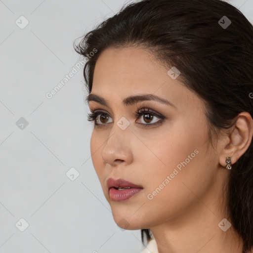 Neutral white young-adult female with medium  brown hair and brown eyes