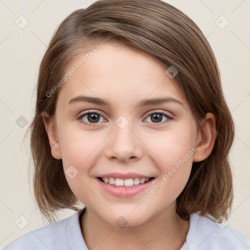 Joyful white child female with medium  brown hair and brown eyes