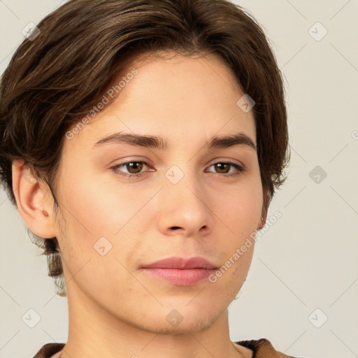 Neutral white young-adult female with short  brown hair and brown eyes