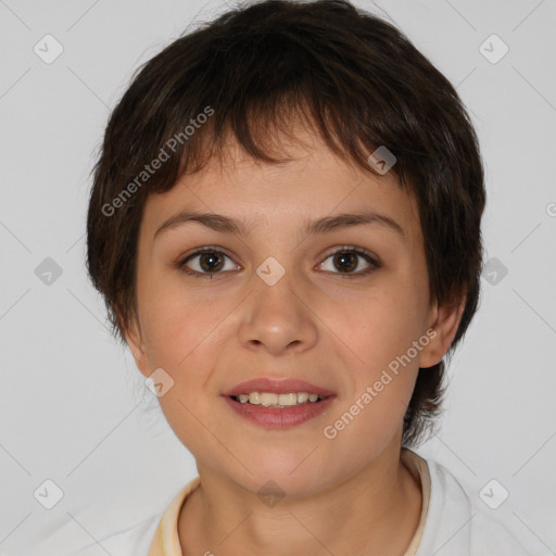 Joyful white young-adult female with medium  brown hair and brown eyes