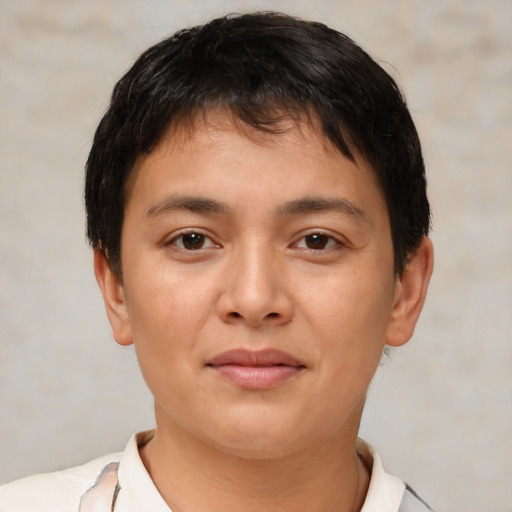 Neutral white young-adult female with short  brown hair and brown eyes