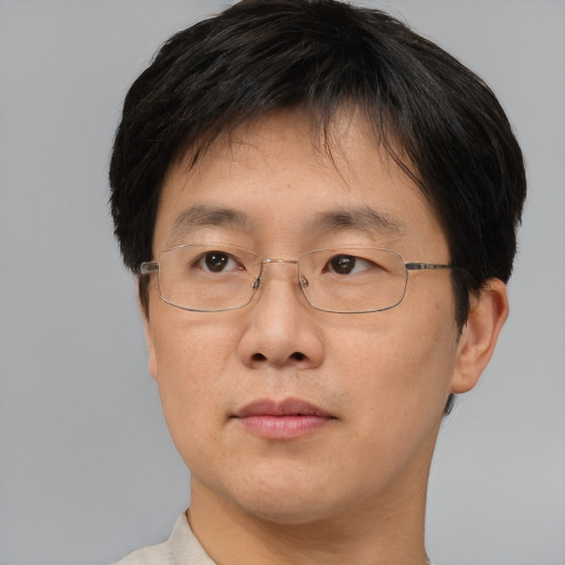 Joyful asian adult male with short  brown hair and brown eyes