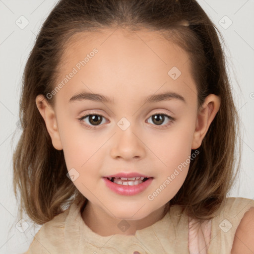 Joyful white child female with medium  brown hair and brown eyes