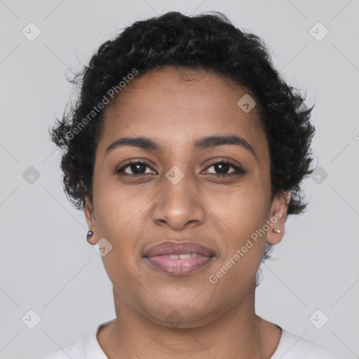 Joyful black young-adult female with short  brown hair and brown eyes