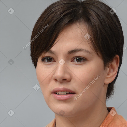 Joyful white young-adult female with medium  brown hair and brown eyes