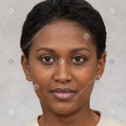 Joyful latino young-adult female with short  black hair and brown eyes